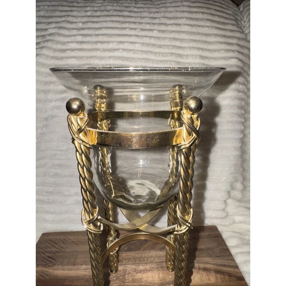 Vtg Brass Candle Stand Holder Twisted Rope Design with Glass Bowl 11
